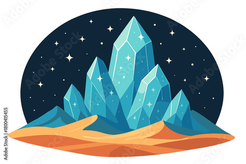 Glittering crystal peaks rise in a desert beneath a star-filled sky