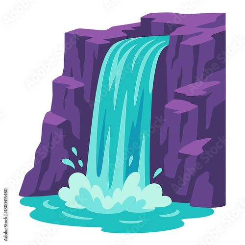 A vivid waterfall cascades down a purple cliff