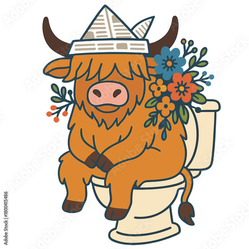 Whimsical Highland cow art, colorful flowers, newspaper hat, toilet throne
