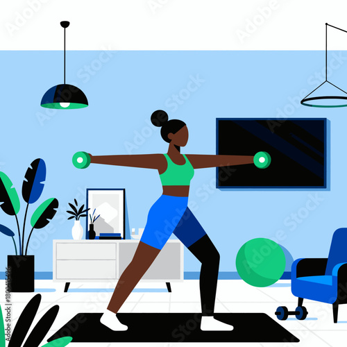 Fit black woman exercising with dumbbells in modern living room  