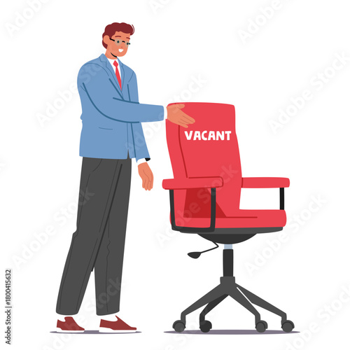 Businessman cartoon character pointing at empty office armchair offering open vacant workplace