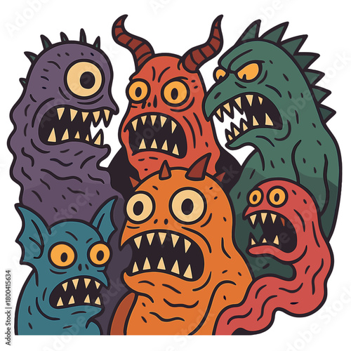 A cluster of odd, vividly colored monsters with razor‑sharp teeth produces a surreal, nightmarish artwork