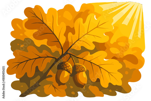 The forest’s brilliance unfolds as a golden tale of nature, a creative concept showcasing a luminous close‑up of oak leaves and acorns bathed in autumn’s radiant light, captured through experimental