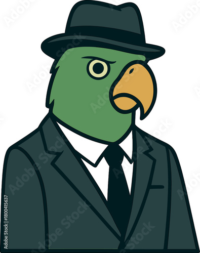 The green parrot, a gentleman and boss in a hat, suit, and tie, serves as the banner header and