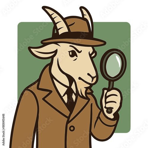 A goat-headed detective in a trench coat and hat, holding a magnifying glass, stands against a green backdrop