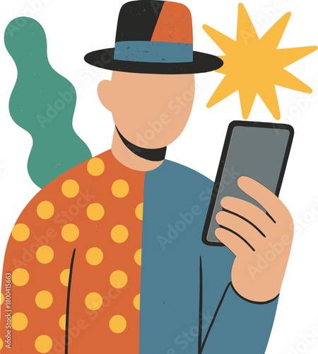 A collage artwork depicting a quirky, faceless person holding a modern device, isolated on a creative background