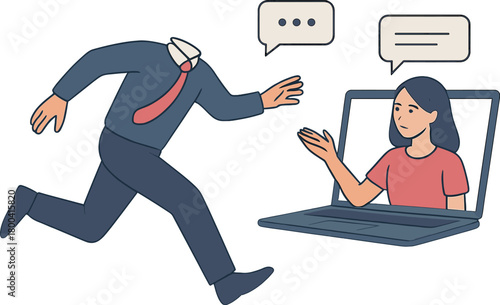 A minimal absurd collage of a headless person running, catching an opponent, chatting online with a laptop girl, all isolated on a white background