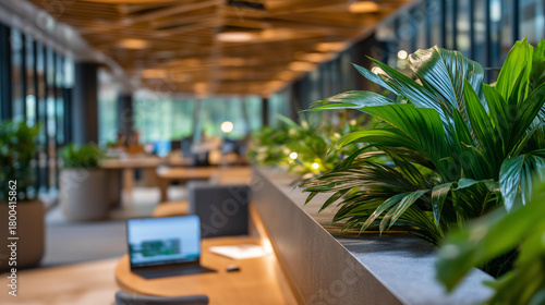 Fototapeta Naklejka Na Ścianę i Meble -  Coworking space with biophilic design elements natural materials integration green plants throughout modern workspace aesthetic defocused background contemporary office