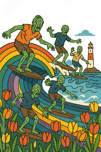 Zombies surf a vivid rainbow wave surrounded by tulips, with a distant lighthouse in the background, creating a surreal scene