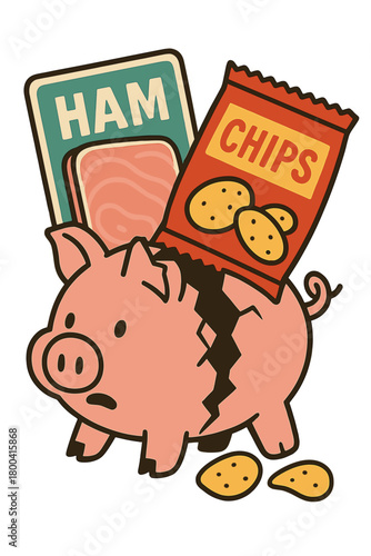 A broken piggy bank releases boxed ham and chips, a whimsical take on saving money amid nostalgic snack mayhem