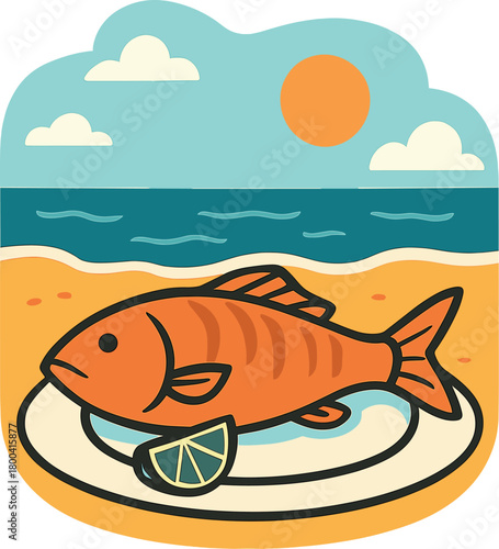 A solitary fish rests on a plate beside the sea, creating an oddly whimsical still life that juxtaposes marine delicacy with coastal scenery