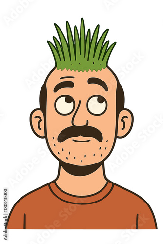 A man with grass sprouting from his head gazes upward in a whimsical, quirky portrait, showcasing a creative and playful concept powered by AI
