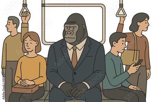 A gorilla in a suit sits serenely on a city subway train, surrounded by unaware human passengers