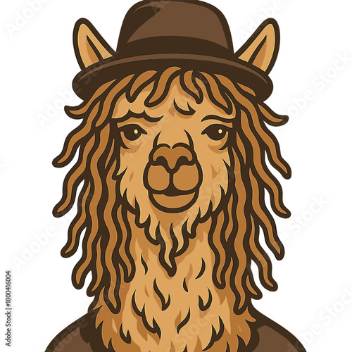 The portrait displays a wild, fluffy llama—perhaps an alpaca—sporting dreadlocks and a hat, radiating an absurd grace