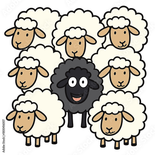 A humorous cartoon of a flock of sheep featuring a lone black sheep with its head sticking out, standing apart from the group, sporting a playful face and delivering ironic or absurd humor in a