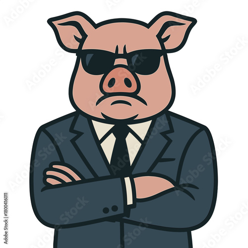 A pig disguised as a man in a suit and sunglasses jokes at the boss, director, bad leader, and manager