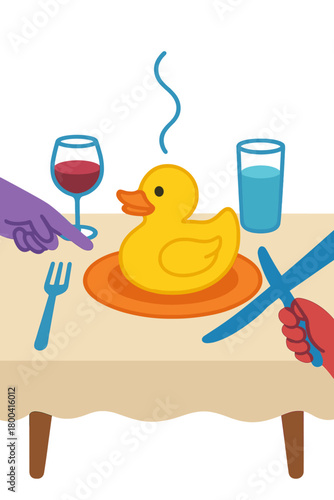 An absurdly vivid illustration featuring a rubber duck at the dinner table