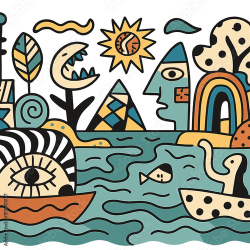 A turbulent Dadaist river tableau featuring nonsensical patterns and playful warped shapes