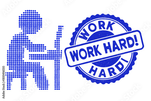 An absurd work halftone dotted icon includes a “Work Hard!” seal stamp; the blue vector seal is round and textured, bearing the “Work Hard!” title inside its circular form, while the halftone pattern