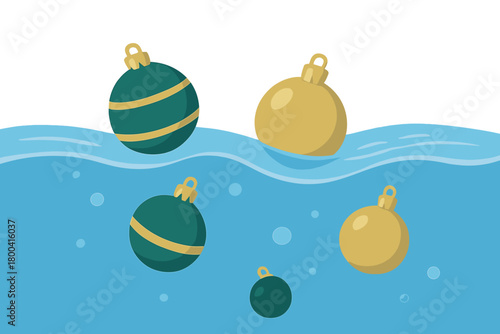Green and gold holiday decorations drift in clear blue water