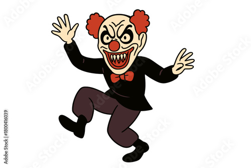 A freak in an evil clown mask dances at a masquerade, enjoying an absurd carnival and a costume party with a weird mask on his head