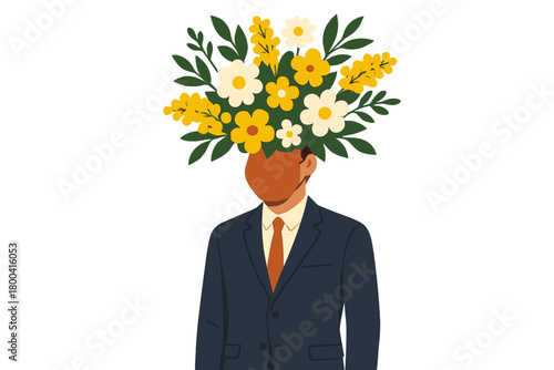 A man wearing a flower‑vase‑shaped mask poses in front of a yellow wall, surrounded by a lush bouquet of yellow and white flowers, creating a romantic illustration suitable for interior design or a
