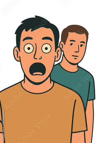 A startled man gazes at the camera with wide‑open eyes while another man stands behind him