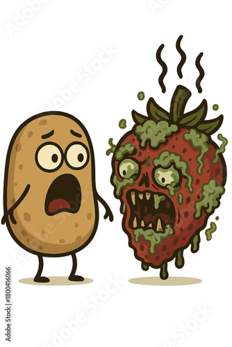 A bizarre, grimly humorous idea of a startled potato staring at a monstrous strawberry draped in ghastly, decaying mold