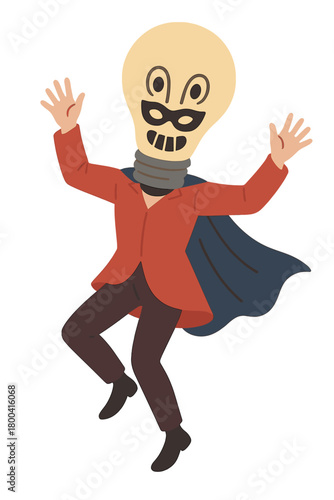 Dancing freak in a light‑bulb mask, masquerading at an absurd carnival, enjoying a costume party with a strange mask on his head