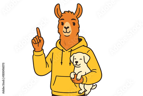 A creative lama wearing a yellow hoodie holds a small white dog while pointing a finger upward against a beige studio wall