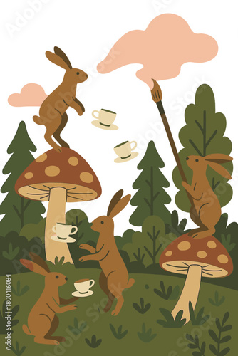 In a dreamlike setting, hares perform whimsical acts—painting the sky pink, juggling teacups, and standing on enormous mushrooms—while rabbits roam the forest