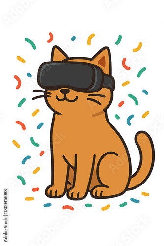 A calm cat donning a VR headset amid bright confetti, creating a playful and whimsical tableau that showcases the blend of technology and pet delight