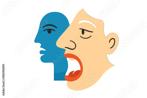 In a surreal reality, a face with a large nose and an open mouth stands before an orange wall, while a blue face adds a pop of color to the scene