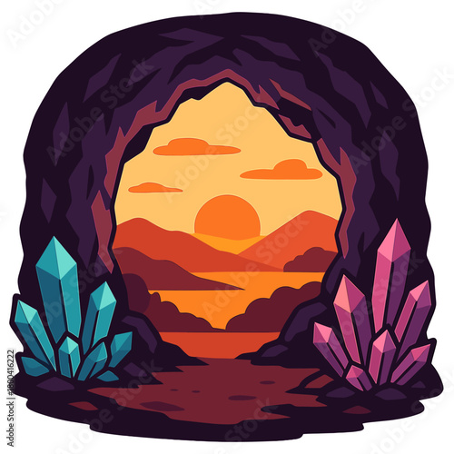 A lively cave entrance featuring crystal formations and a picturesque sunset backdrop