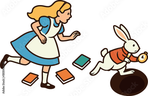 Imagine Alice from Wonderland chasing a white rabbit down a rabbit hole, as the rabbit leaves a trail of books like breadcrumbs