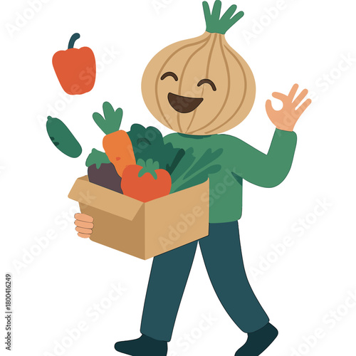 Composite collage image of an absurd man with an onion head enjoying fresh vegetables delivered by a vegetable service, set against a white background