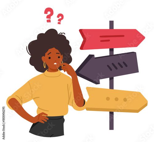 Young woman feeling confused standing at crossroads in front of road signs, thinking and deciding