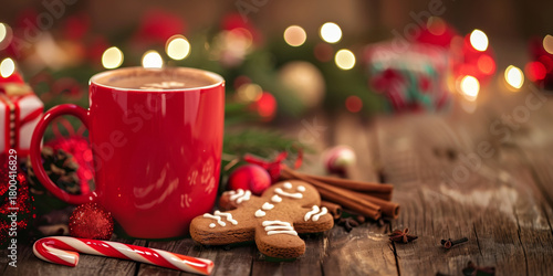 Festive holiday scene with a red mug of hot chocolate decorated with snowflakes, a candy cane, cinnamon sticks, and a smiling gingerbread man cookie.