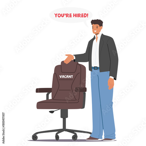 Employer businessman cartoon character pointing at vacant place towards empty position in armchair