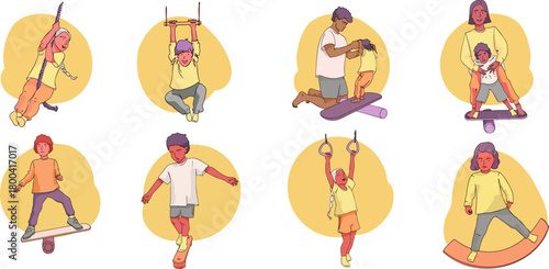 A set of illustrations where children are engaging in physical activities with their parents or by themselves. Physical health. Vector illustration.