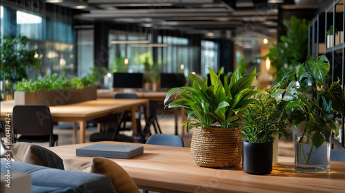 Fototapeta Naklejka Na Ścianę i Meble -  Coworking space with biophilic design elements natural materials integration green plants throughout modern workspace aesthetic defocused background contemporary office