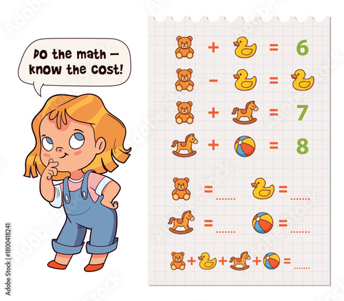 Cute educational math game for children. Solve equations with teddy bear, duck, horse and ball. Fun activity for preschool and elementary school kids.