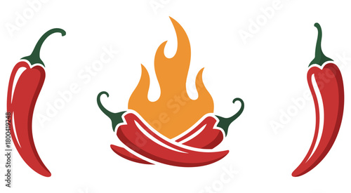 Three red hot chili peppers with flames, vector illustration on white background, spicy food concept, fiery vegetables, creative culinary design, hot pepper icon, cooking ingredient illustration, fres