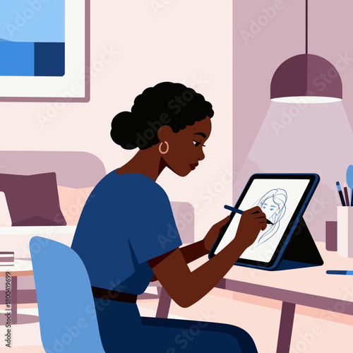 Black woman drawing on digital tablet while sitting at desk indoors  