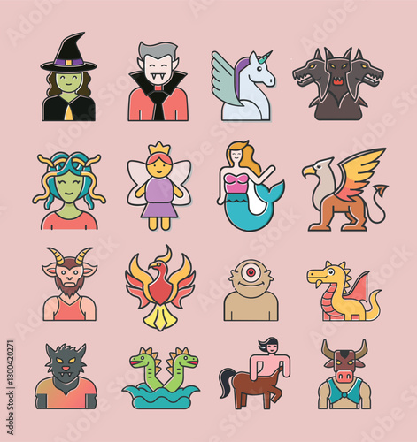 Colorful set of fantastic and mythological creatures