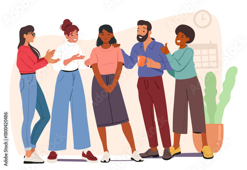 Team of business professionals happy for female colleague, congratulating her, saying nice words