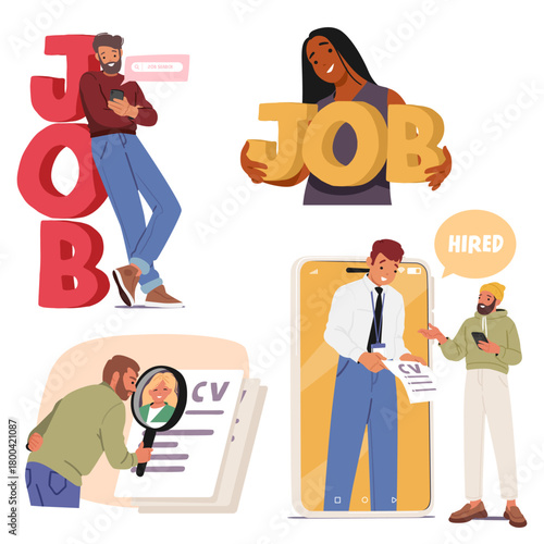 Job search and recruitment set with happy people experiencing profile creation and successful hiring