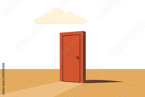 A surreal door stands in an empty landscape under a lone white cloud