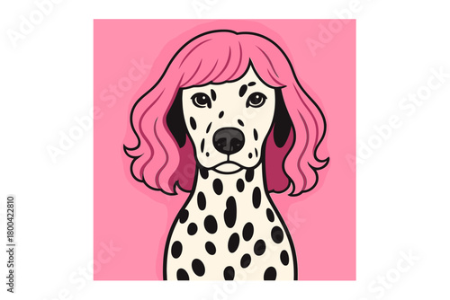 Portrait of a Dalmatian female dog wearing a pink wig set against a pink backdrop, exuding trendy party diva vibes
