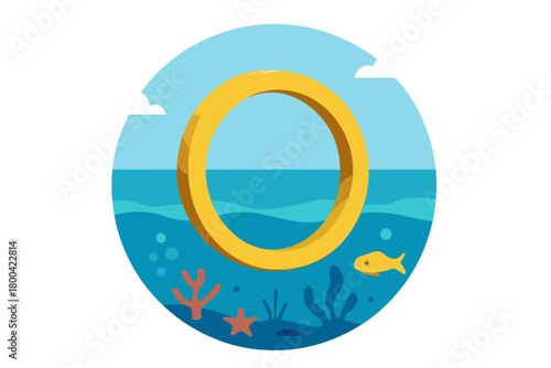 A golden ring sits amid a surreal underwater tableau, with a blue sky and distant ocean, set against a contemporary, circular, minimal abstract backdrop